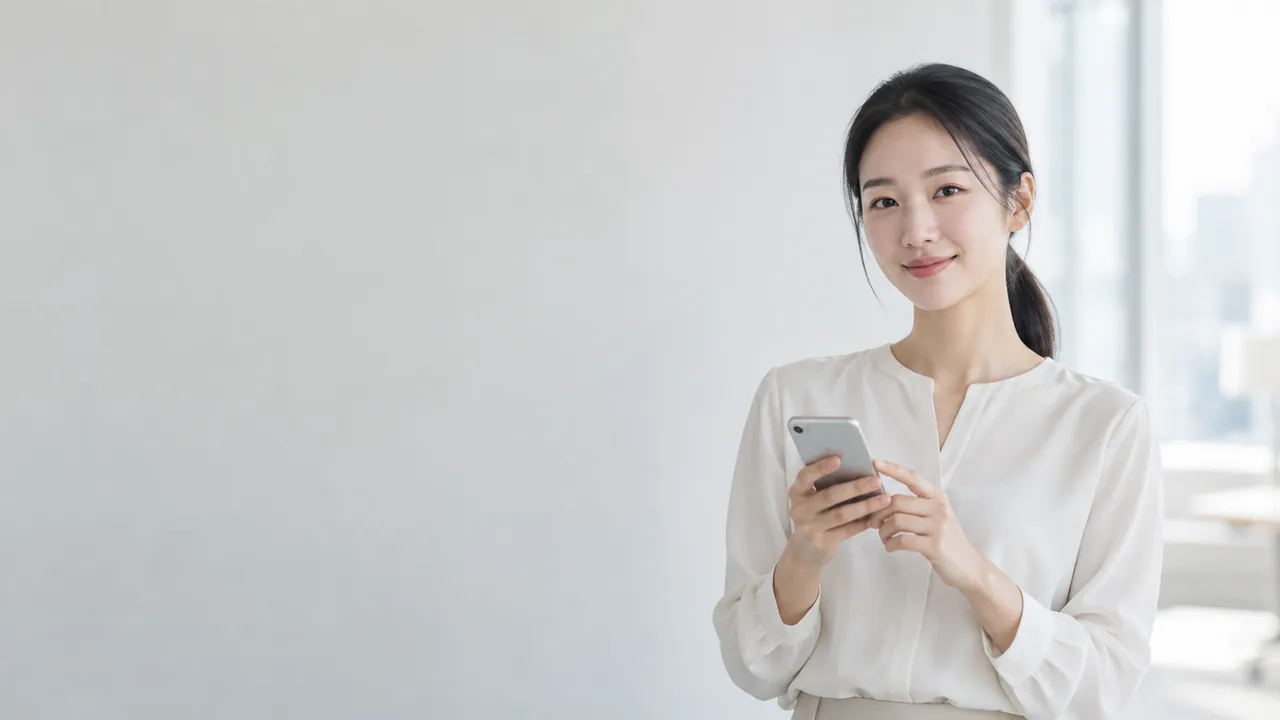 머리를 묶고 휴대전화를 보며 웃는 고객