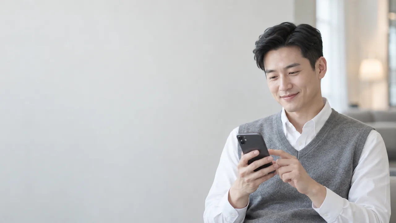 조끼 차림으로 휴대전화를 보는 고객