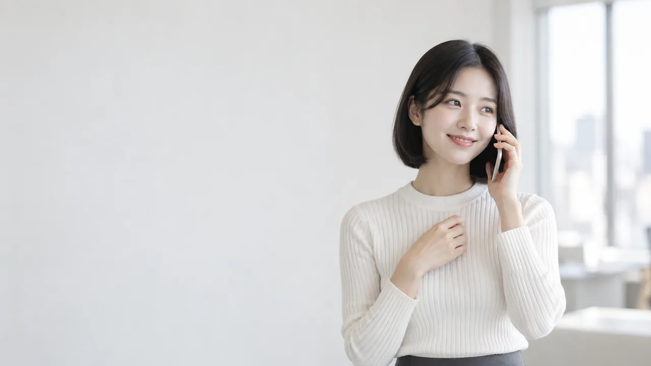 단발머리로 통화하며 미소 짓는 고객