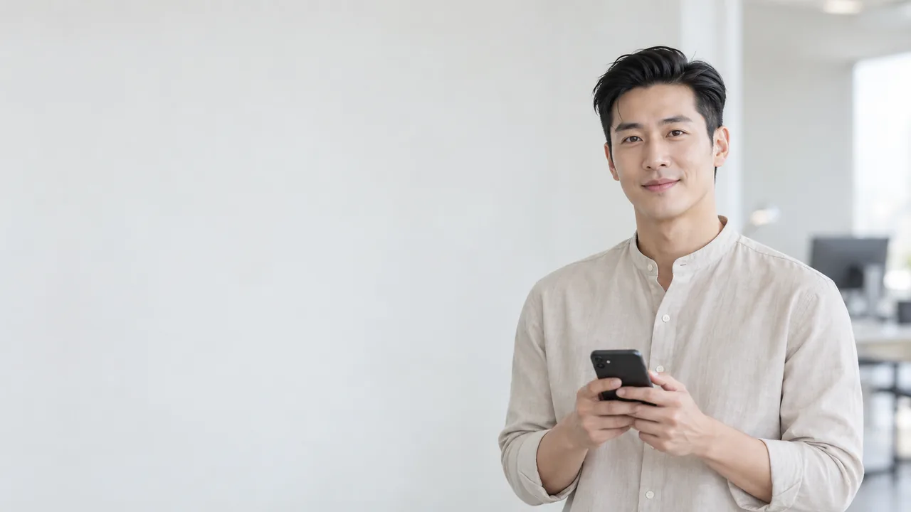 베이지 셔츠를 입고 휴대전화를 보며 웃는 고객