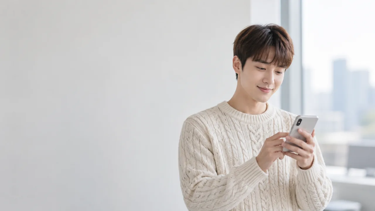 니트 차림으로 휴대전화를 보며 웃는 고객
