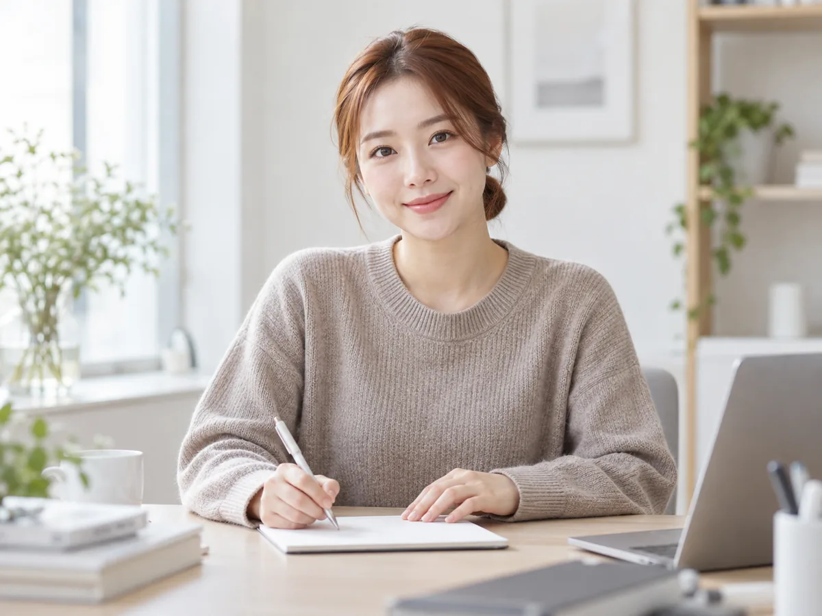 상담 내용을 적으며 웃는 상담원