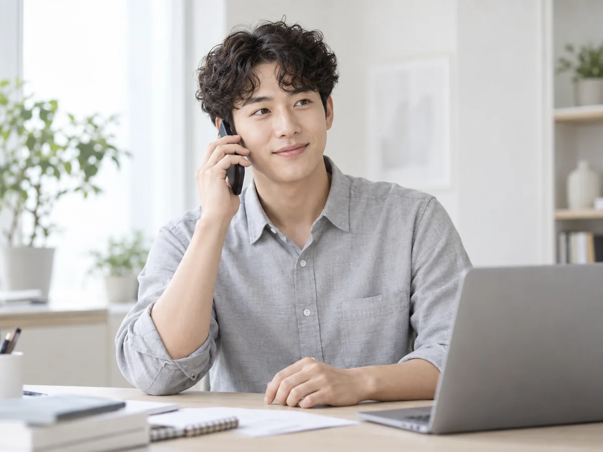 통화하며 웃는 상담원