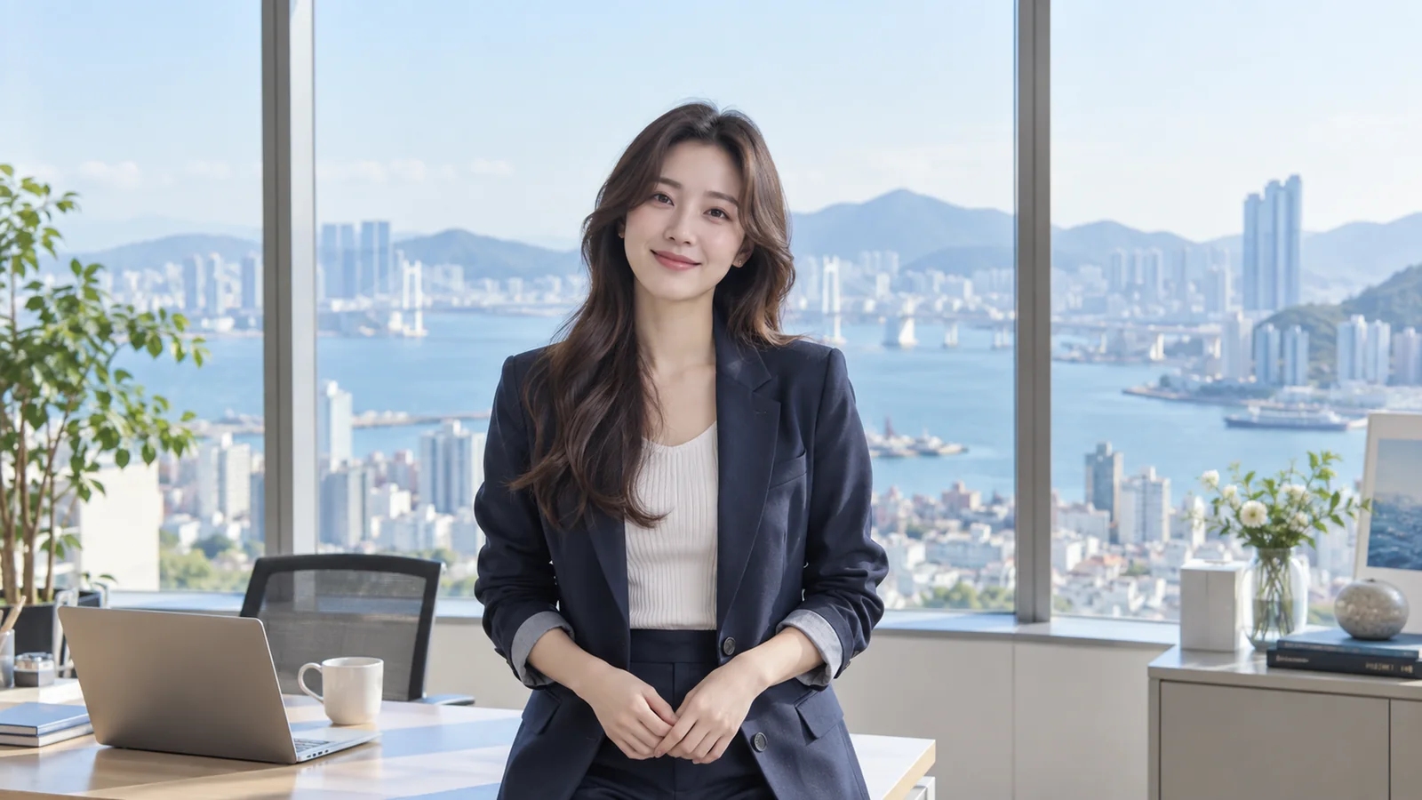 창밖으로 부산 시내가 보이는 사무실에서 웃고 있는 고객