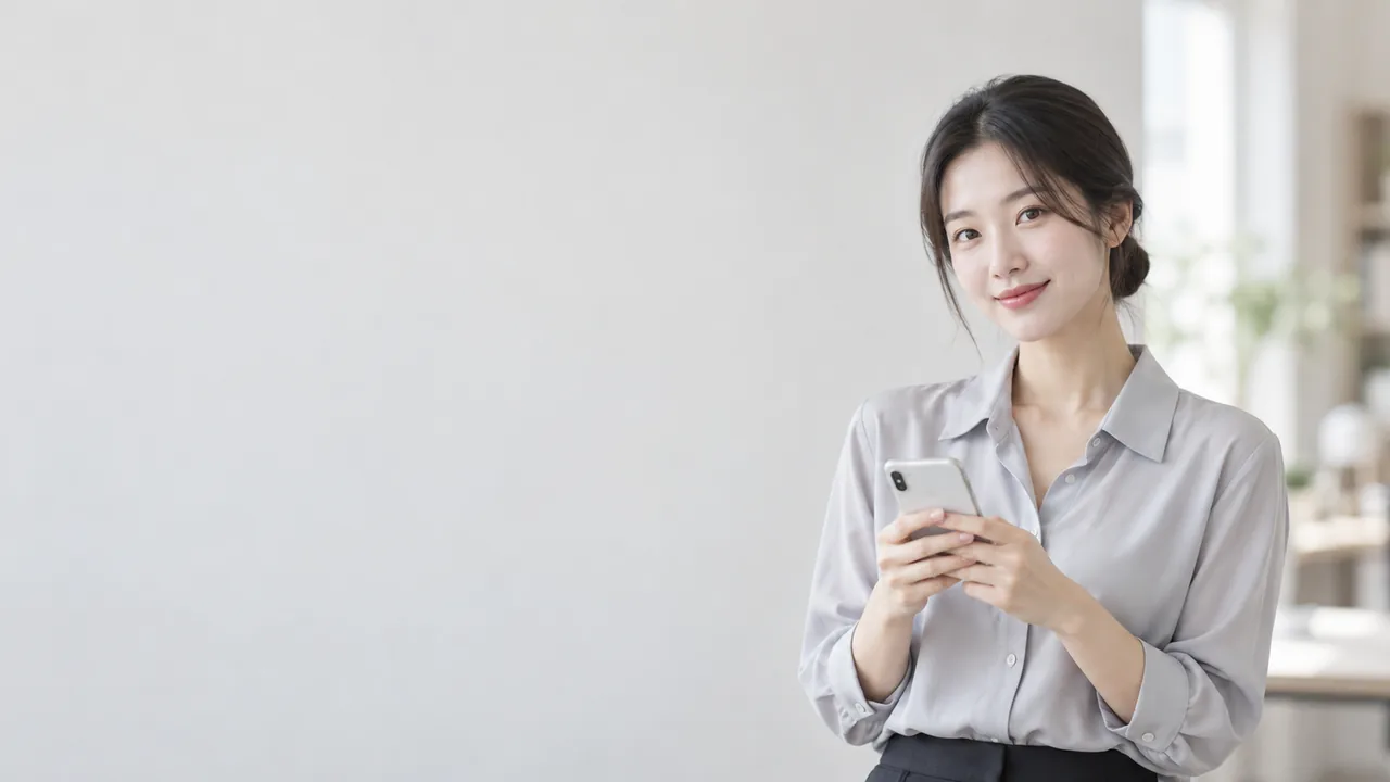 머리를 묶고 회색 셔츠 차림으로 휴대전화를 보는 고객