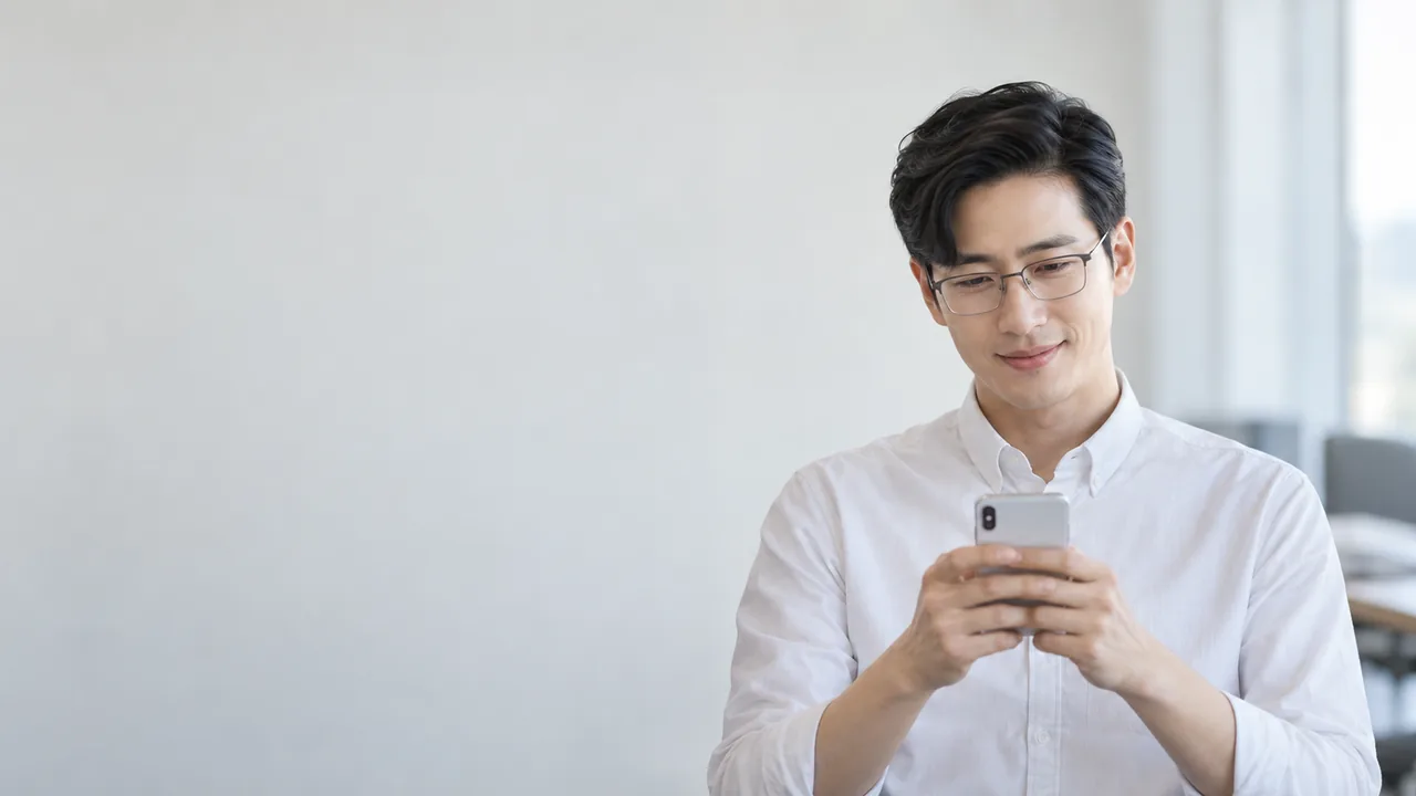 안경을 쓰고 흰 셔츠 차림으로 휴대전화를 보는 고객