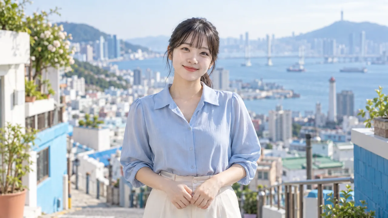 부산 바다 마을을 뒤로하고 선 하늘색 셔츠 차림 고객