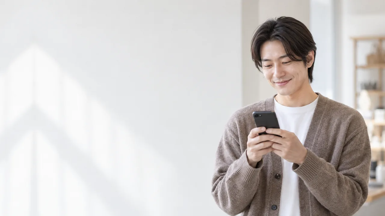 카디건 차림으로 휴대전화를 보며 웃는 고객